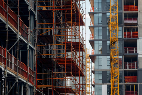 High-rise skyscraper framework with construction cranes