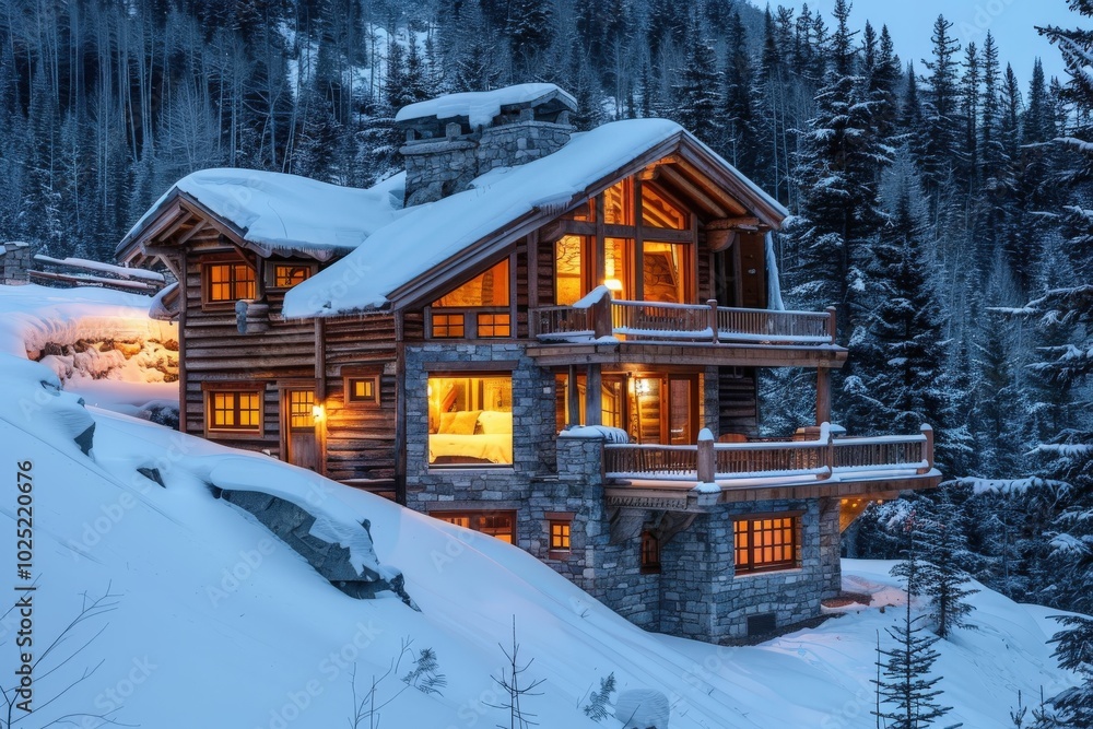 Naklejka premium A large log cabin with a stone roof and a stone chimney, generative ai image