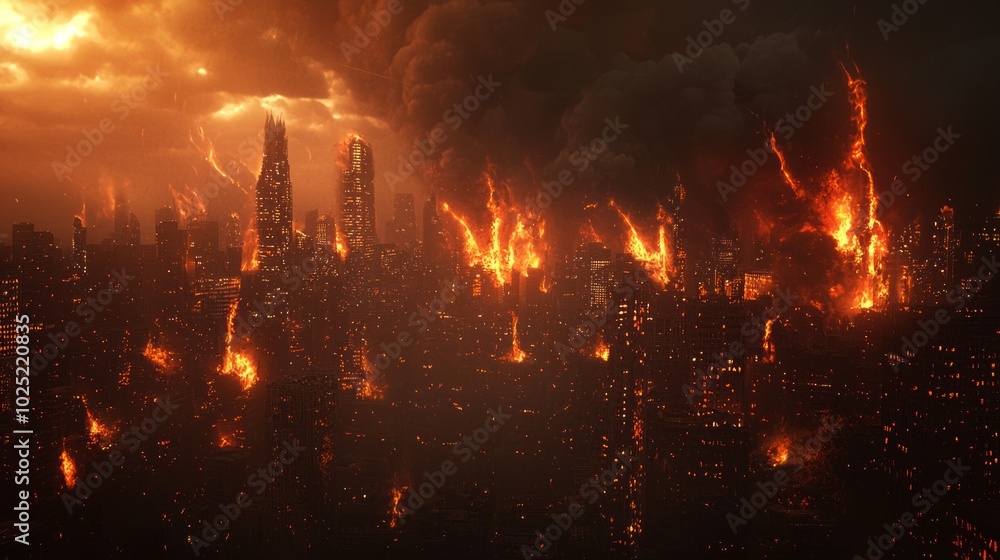 Inferno City - A Nightmarish 3D Render of a Burning Urban Skyline with Cinematic Lightning Effects Inferno City - A Nightmarish 3D Render of a Burning Urban Skyline with Cinematic Lightning Effects