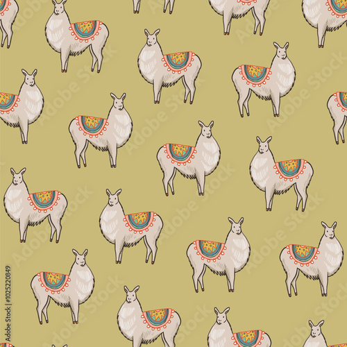 Seamless pattern with cute alpaca. Vector illustration.