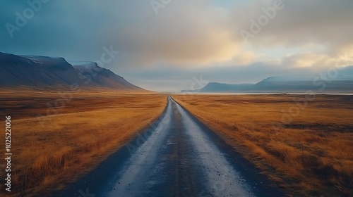 A long, straight road leading to a distant mountain range under a dramatic sky with clouds.