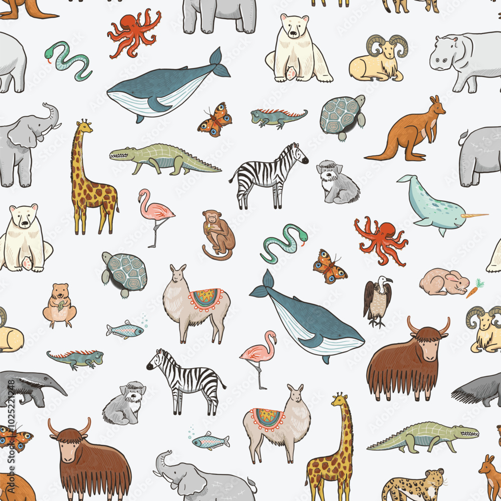 Obraz premium Seamless pattern with cute hand drawn cartoon animals. Vector illustration.