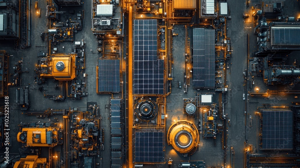 An aerial view of a futuristic industrial complex with solar panels and machinery. An aerial view of a futuristic industrial complex with solar panels and machinery.