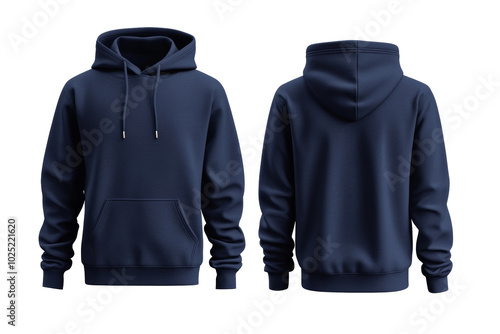 Men's navy blue sweatshirt with hood and front pocket, front and back image. Transparent background