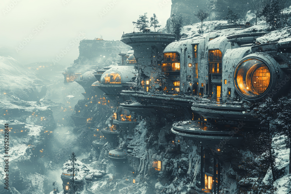 Obraz premium An alien city built into the side of a mountain, showing their integration with natural landscapes. Concept of sustainability.