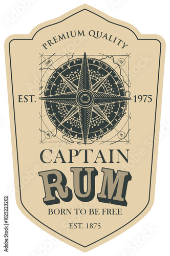 Vector label or banner with the inscription Captain Rum and the words Born to be free. Old hand-drawn wind rose on a dark background with map in a grunge style.