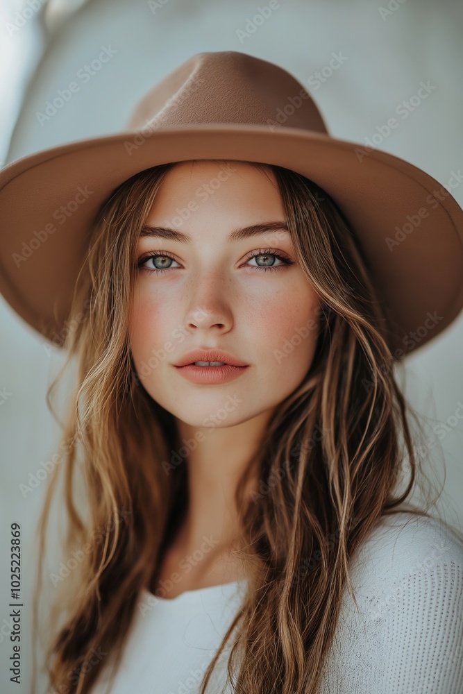 A stylish woman wearing a wide-brimmed hat poses gracefully in soft, natural lighting. A stylish woman wearing a wide-brimmed hat poses gracefully in soft, natural lighting.