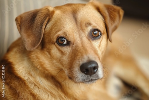 A cute brown dog stares with soulful eyes, lying comfortably and attentively indoors, exuding warmth.