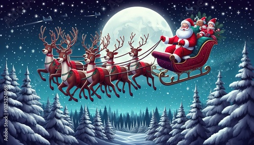 Santa Claus in a sleigh pulled by reindeer carries gifts for Christmas