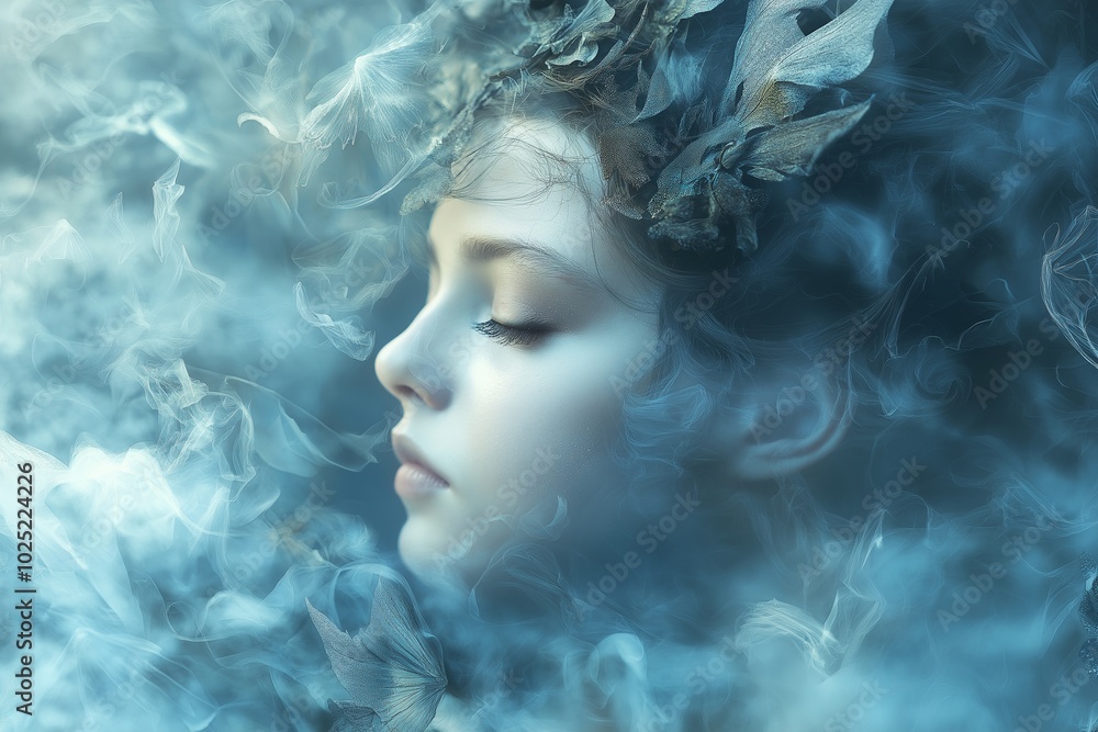 A dreamlike child surrounded by ethereal mist and foliage, eyes closed, showcasing innocence and calm imagination. A dreamlike child surrounded by ethereal mist and foliage, eyes closed, showcasing innocence and calm imagination.