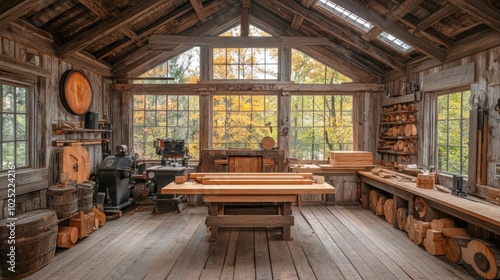 A rustic wooden workshop with tools and materials, featuring a large window overlooking a forest in autumn.