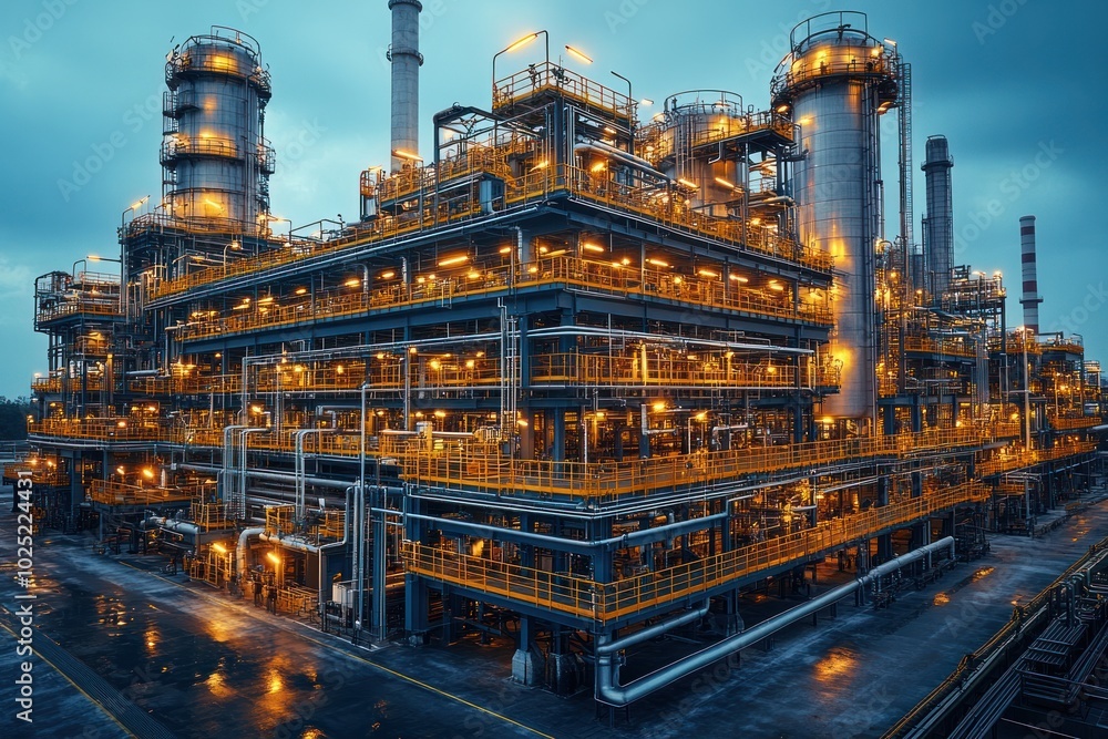 A large industrial complex with tall towers and numerous pipes and walkways. The complex is lit up by lights at night. A large industrial complex with tall towers and numerous pipes and walkways. The complex is lit up by lights at night.