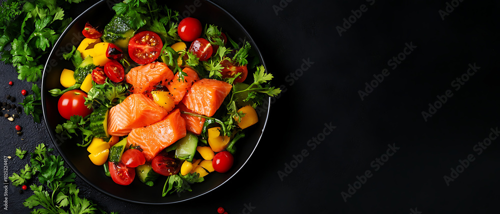 Delicious salad with salmon, tomatoes, and mango on a black background. Delicious salad with salmon, tomatoes, and mango on a black background.
