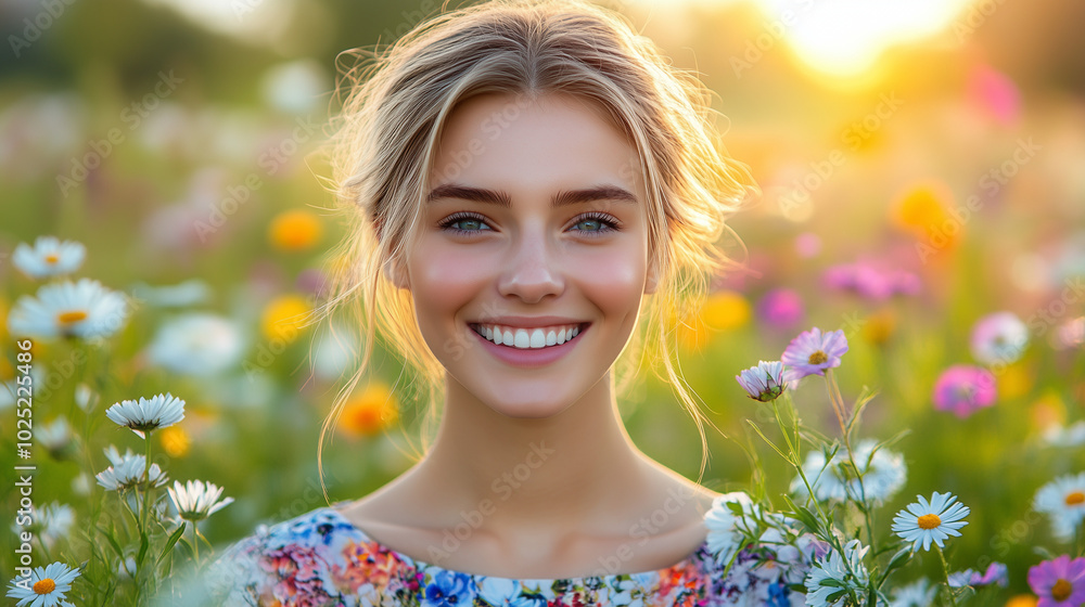 Smiling young woman in floral dress surrounded by colorful flowers in a sunset field Smiling young woman in floral dress surrounded by colorful flowers in a sunset field