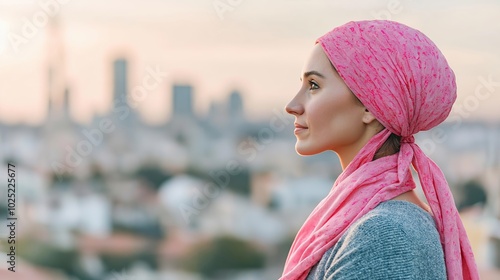 Contemplative Female Cancer Patient with Headscarf Gazing Thoughtfully Over Urban Cityscape at Dusk, Reflecting on Life and Hope