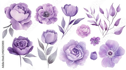 Isolated purple watercolor flowers bouquet on white background in forced perspective