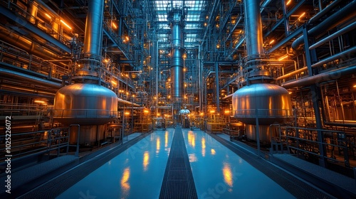 A wide shot inside a modern industrial plant, featuring rows of large, shiny metal tanks and pipes. The factory is illuminated with warm lights, creating a sense of activity and industry.