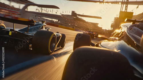 classic Formula 1 cars from the 2020s racing around the tight, trace of Silverstone England. . Sunlight glints off the sleek, polished car bodies as they navigate sharp corners and hairpin turns.