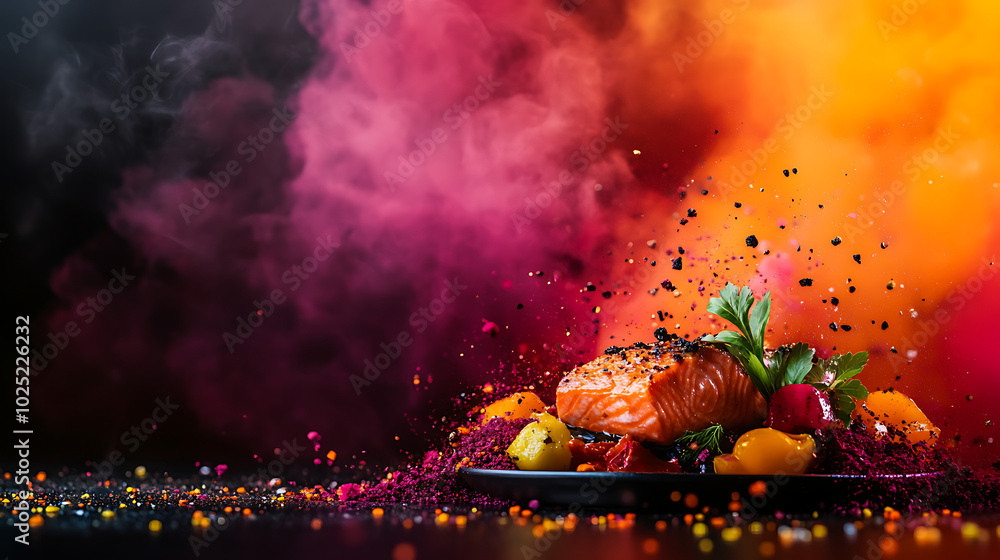 Gourmet salmon dish with colorful spices and smoke on dark background. Gourmet salmon dish with colorful spices and smoke on dark background.