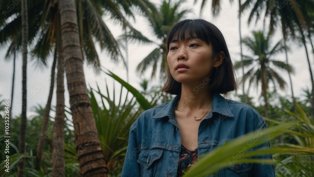Woman in denim shirt with patterned top standing amidst tropical palm trees Woman in denim shirt with patterned top standing amidst tropical palm trees
