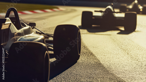 classic Formula 1 cars from the 2020s racing around the tight, trace of Silverstone England. . Sunlight glints off the sleek, polished car bodies as they navigate sharp corners and hairpin turns. photo