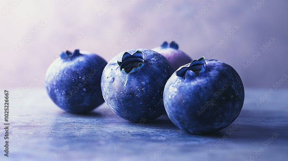 Three blueberries sit together on a blue tablecloth-covered countertop Three blueberries sit together on a blue tablecloth-covered countertop