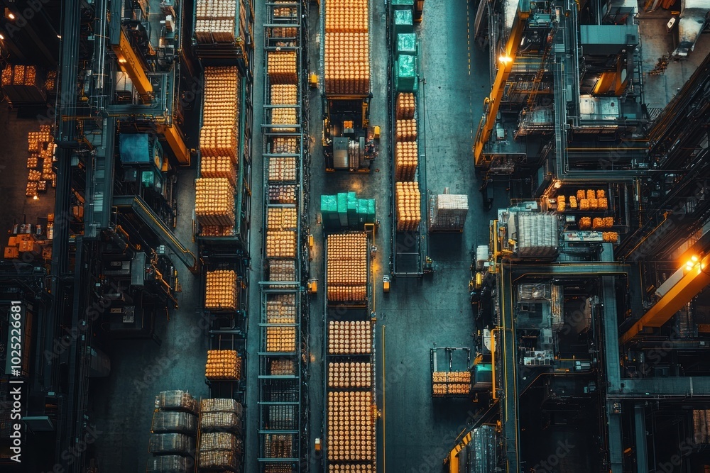 An aerial view of a factory floor with rows of pallets stacked with boxes. An aerial view of a factory floor with rows of pallets stacked with boxes.