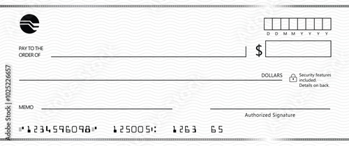Blank bank check, checkbook cheque template with blue guilloche, vector mockup. Money payment bank check voucher or pay cash cheque certificate, account bill paycheck