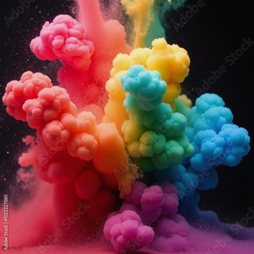 A vibrant rainbow-colored paint explosion featuring swirling fumes and dynamic movement resembling a liquid ink dyed in water photo