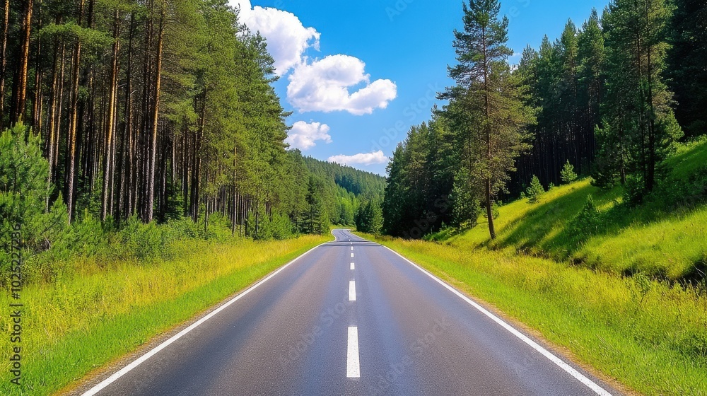 Fototapeta premium Serene Road Through Lush Pine Forest Landscape