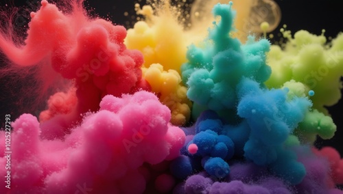 A vibrant rainbow-colored paint explosion featuring swirling fumes and dynamic movement resembling a liquid ink dyed in water photo