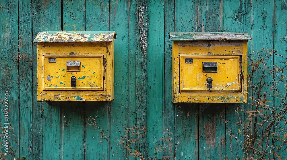 Two mailboxes with yellow paint on a green wall are positioned against a blue building, with weeds visible in the foreground Two mailboxes with yellow paint on a green wall are positioned against a blue building, with weeds visible in the foreground