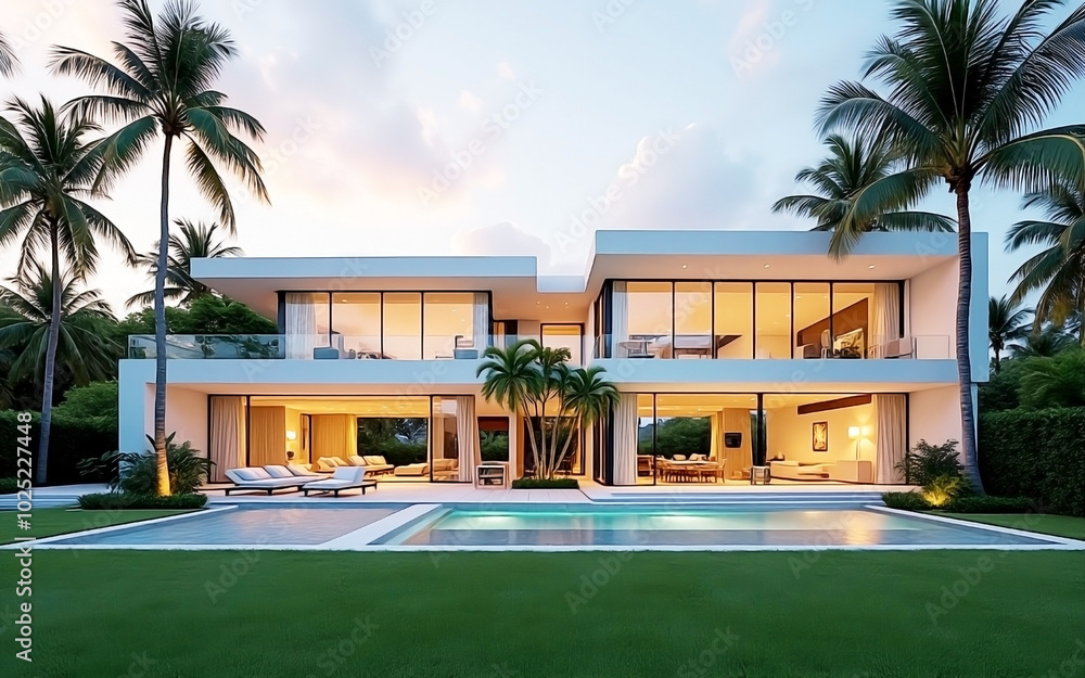Fototapeta premium a beautiful glossy Modern Two-Story House with Pool and Lush Surroundings