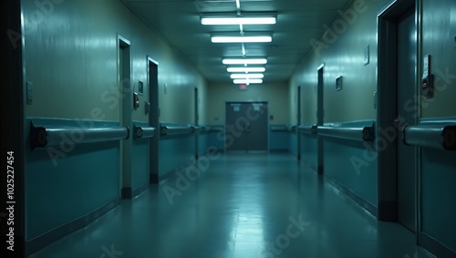 Eerie hospital hallway with flickering fluorescent light
