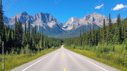 Scenic Road Through Pine Trees and Mountains