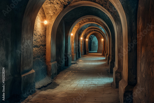 Concrete underground hallway with dim lighting and exposed ventilation shafts