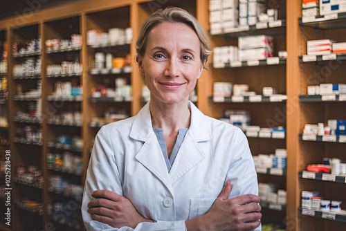 Female pharmacist in white coat on the background of shelves with medicines. Arms crossed on chest.