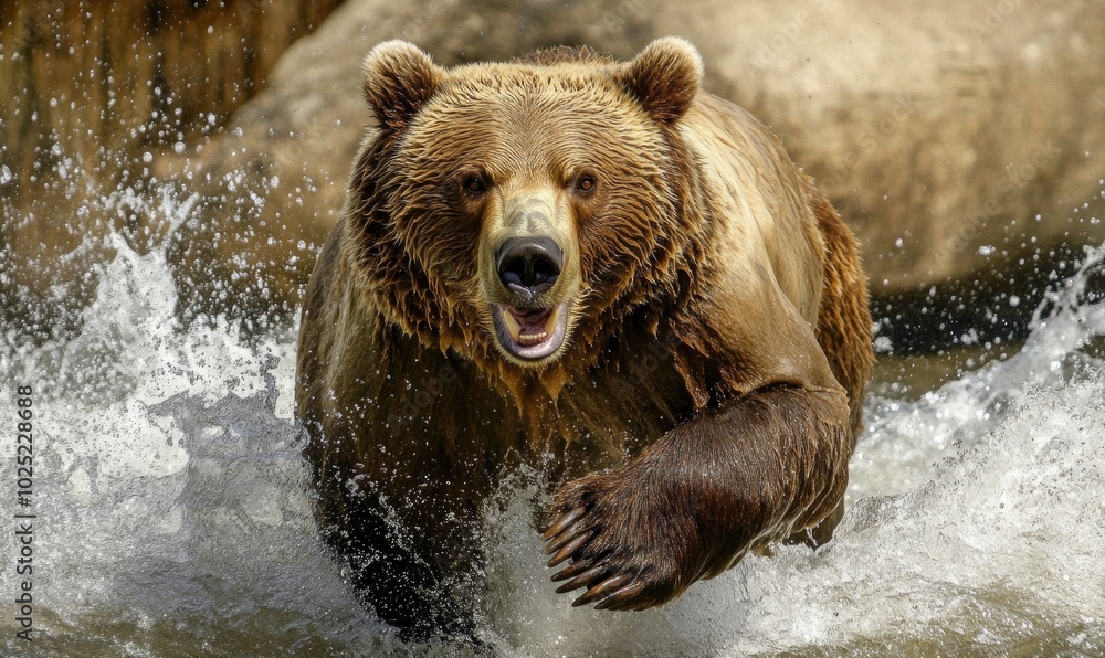 Angry grizzly bear in rage sprinting in water towards camera Angry grizzly bear in rage sprinting in water towards camera