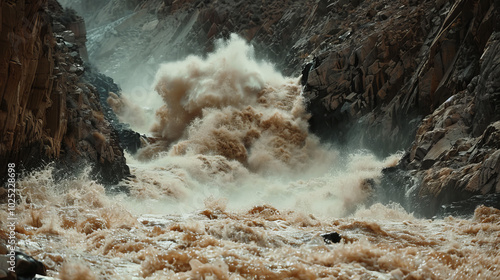 Flash Flood**: Rapidly flowing water through a canyon photo