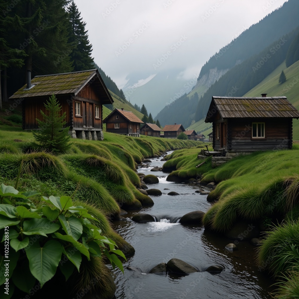 A fog-enshrouded mountain village at dawn boasts rustic cabins and a gently flowing stream amidst verdant landscapes A fog-enshrouded mountain village at dawn boasts rustic cabins and a gently flowing stream amidst verdant landscapes