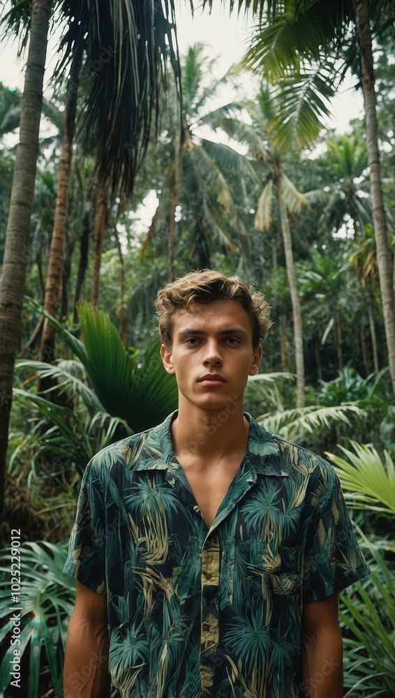 Young man in patterned floral shirt standing amidst dense tropical forest vegetation Young man in patterned floral shirt standing amidst dense tropical forest vegetation