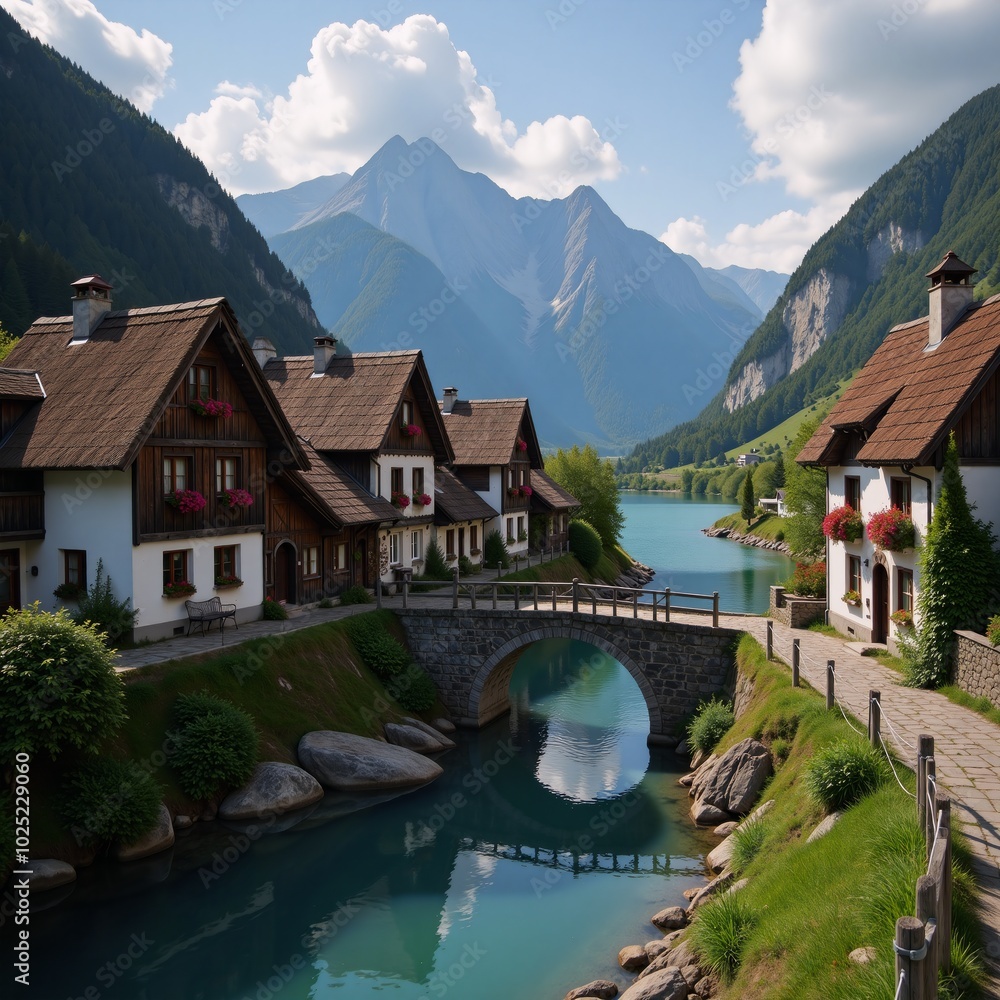 Fototapeta premium A cozy charming fantasy village nestled beside a flowing river amidst towering mountainscapes