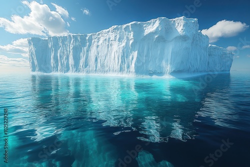 A large iceberg floats in the turquoise waters of the ocean against a backdrop of blue sky and fluffy white clouds.