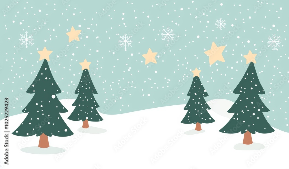 A winter forest landscape for an upcoming Christmas card. Blue sky, snowy trees, snow, stars, a snowy forest. Cartoon illustration at the bottom. A winter forest landscape for an upcoming Christmas card. Blue sky, snowy trees, snow, stars, a snowy forest. Cartoon illustration at the bottom.