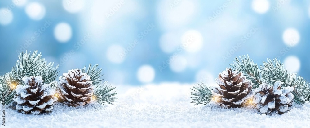 Branches of Fir and Frosty Pinecones On Snowy Wooden Table With Winter Blizzard Background - Christmas / Winter Branches of Fir and Frosty Pinecones On Snowy Wooden Table With Winter Blizzard Background - Christmas / Winter