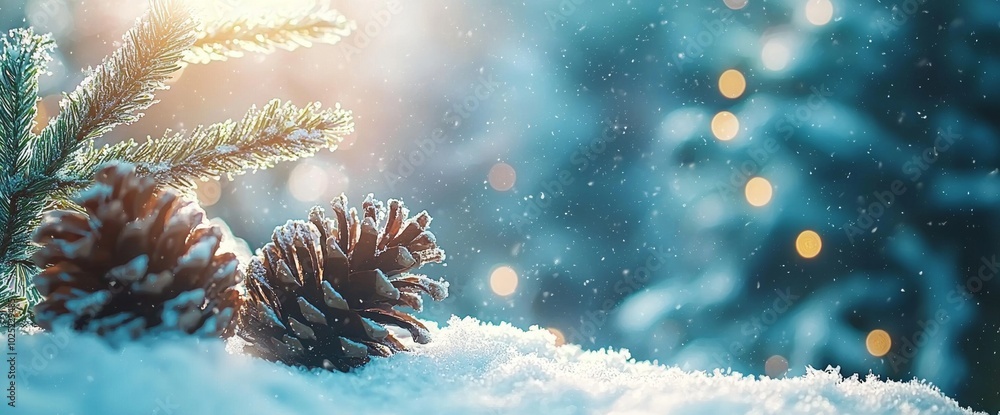 On a snowy wooden table with a wintry blizzard background, fir branches and frosty pinecones are arranged with frosty pinecones - Christmas / Winter On a snowy wooden table with a wintry blizzard background, fir branches and frosty pinecones are arranged with frosty pinecones - Christmas / Winter