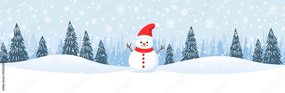 Banner background with fir trees and snowman in winter snow. Illustration for posters, covers, or advertisements. Banner background with fir trees and snowman in winter snow. Illustration for posters, covers, or advertisements.