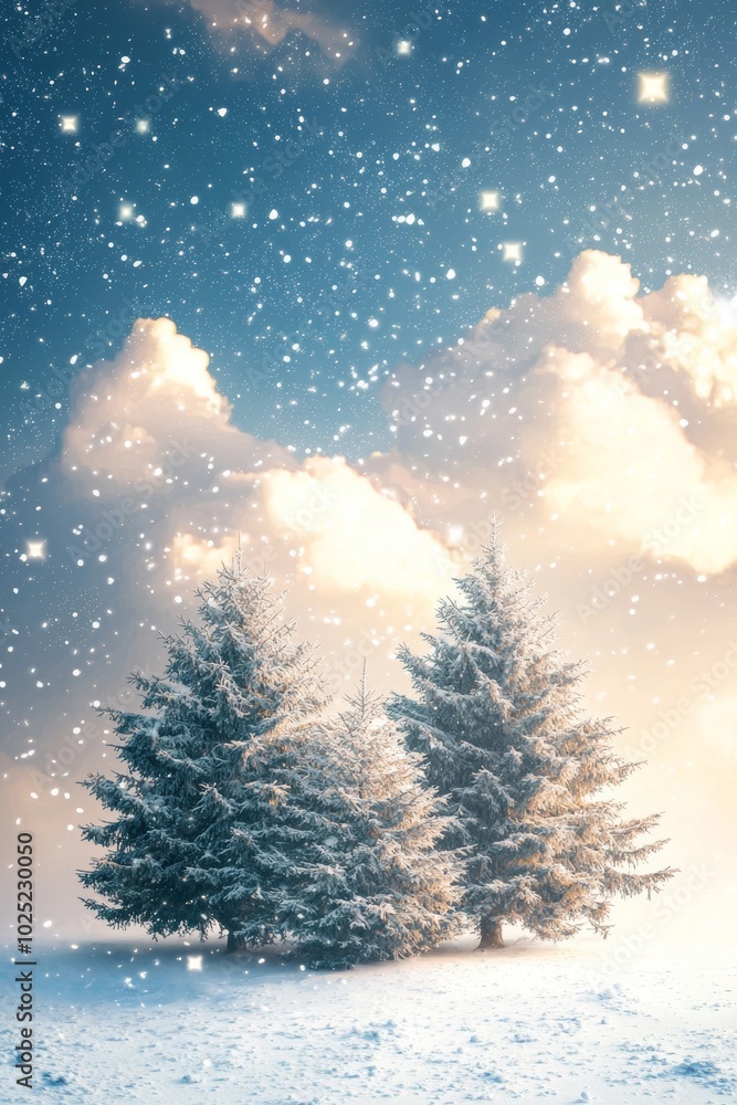 Fototapeta premium Postcard with a snowy winter landscape with fir trees.