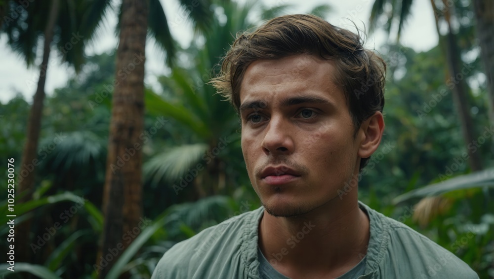 Young man with serious expression standing in a blurry jungle or forest environment Young man with serious expression standing in a blurry jungle or forest environment