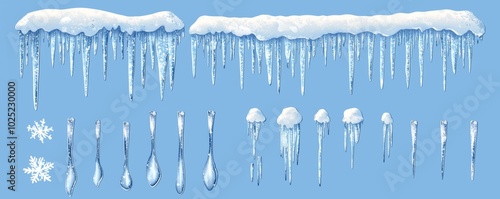 Modern cartoon icons of snow caps, snowy ice, and frozen icicles, isolated on transparent background. Abstract snow frost caps and icicles of house roof shapes for Christmas and New Year design photo